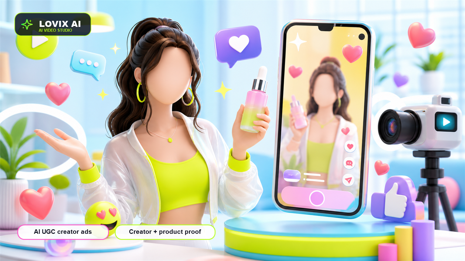 AI UGC creator ads cover with purple, magenta and orange neon lighting