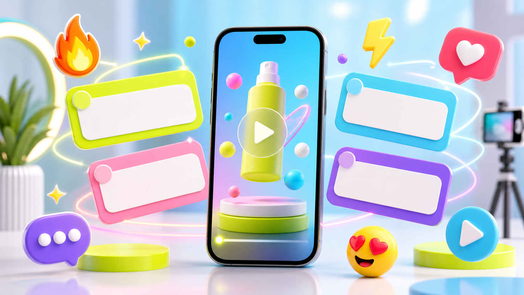 Bright AI video hooks cover with a phone, reaction icons and colorful hook cards