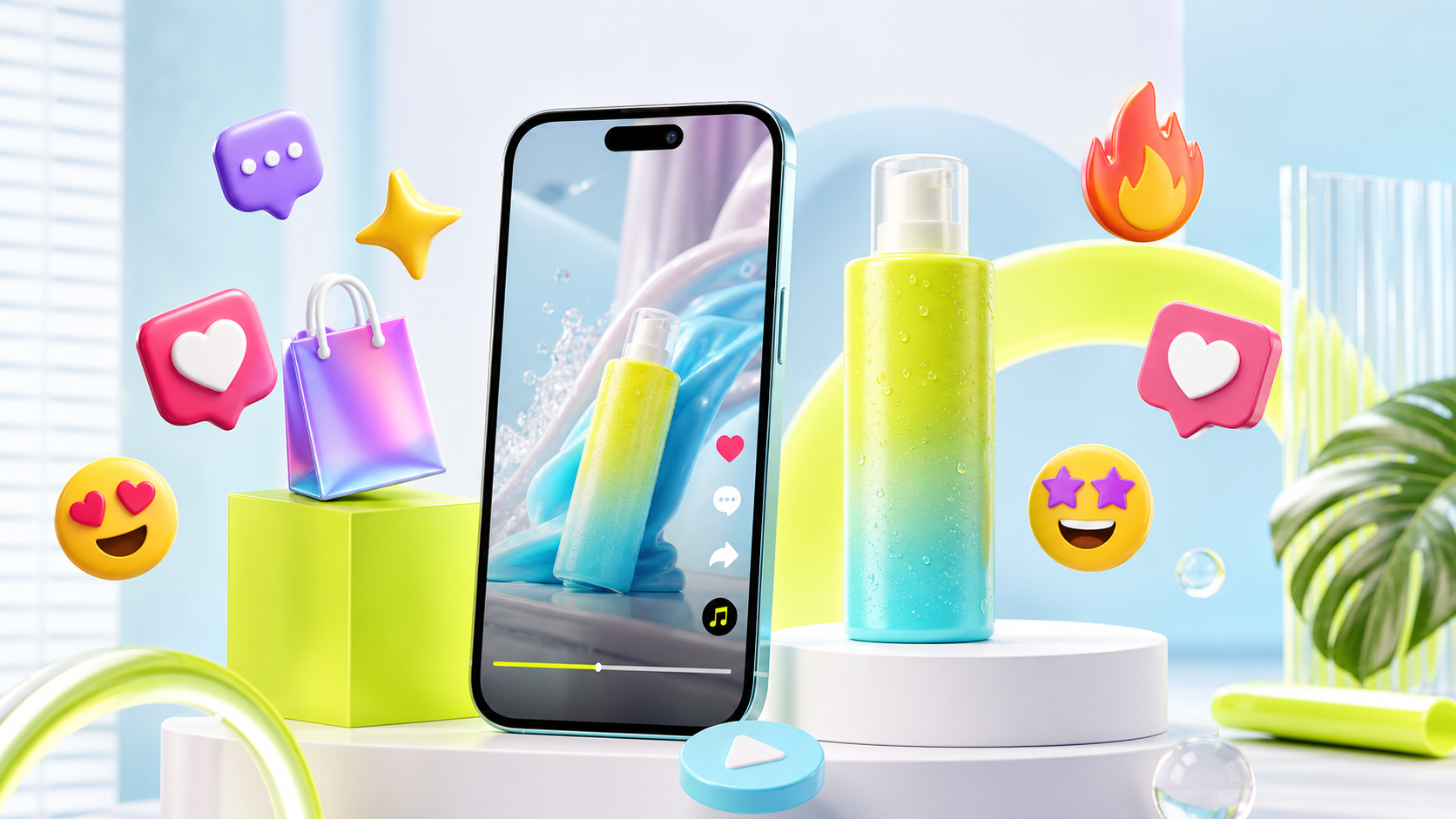 Futuristic UGC product video scene with a vertical phone frame and product bottle