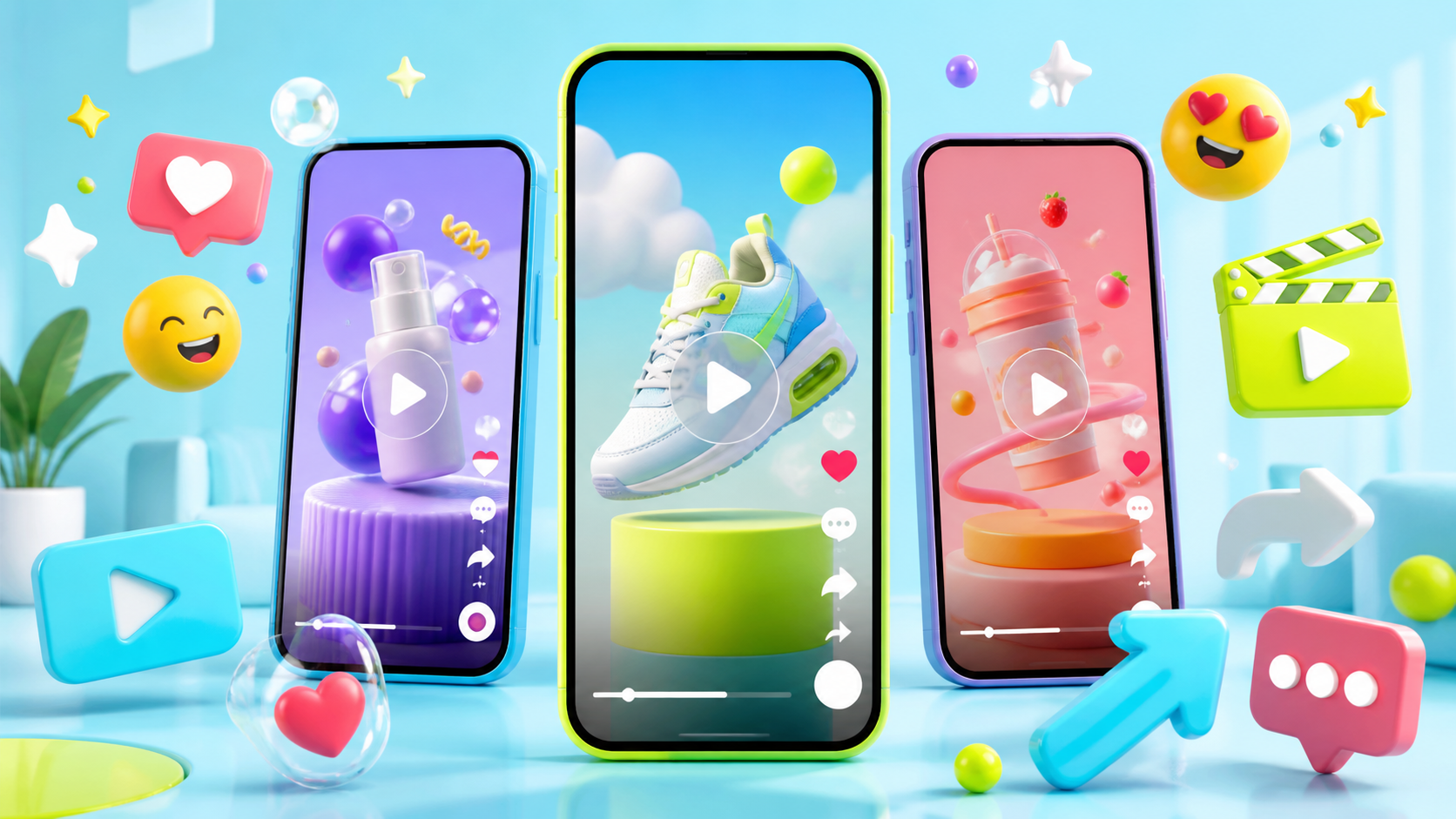 Three luminous vertical video frames floating in a dark LOVIX-style studio