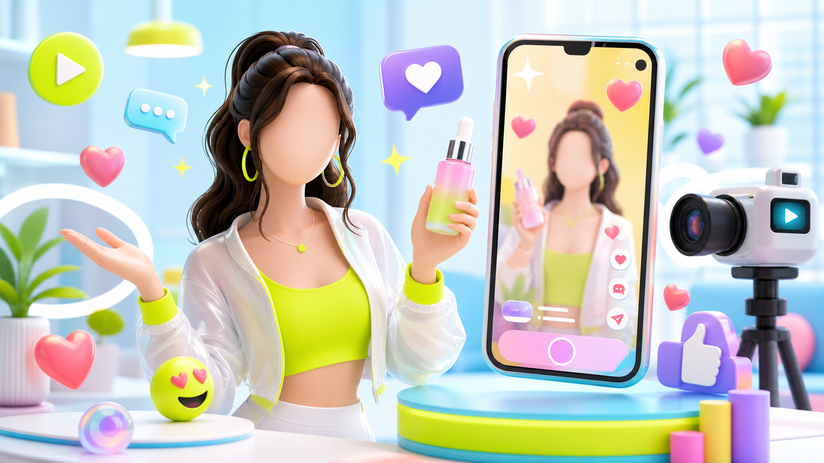 Holographic AI influencer silhouette beside a product pedestal in a dark neon studio
