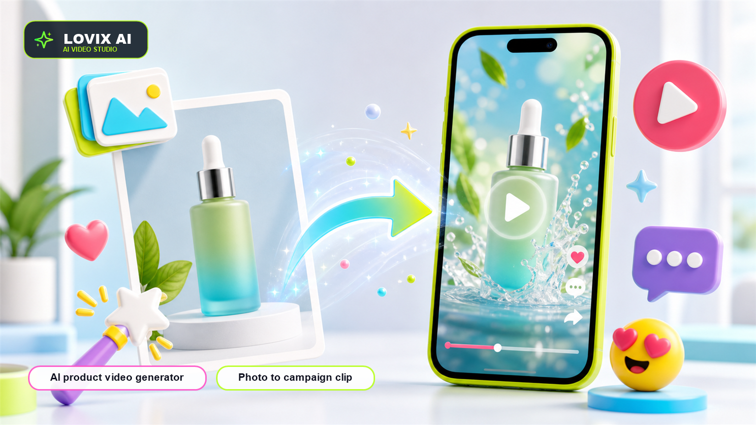 AI product video generator cover showing product reference images becoming campaign-ready LOVIX AI video frames