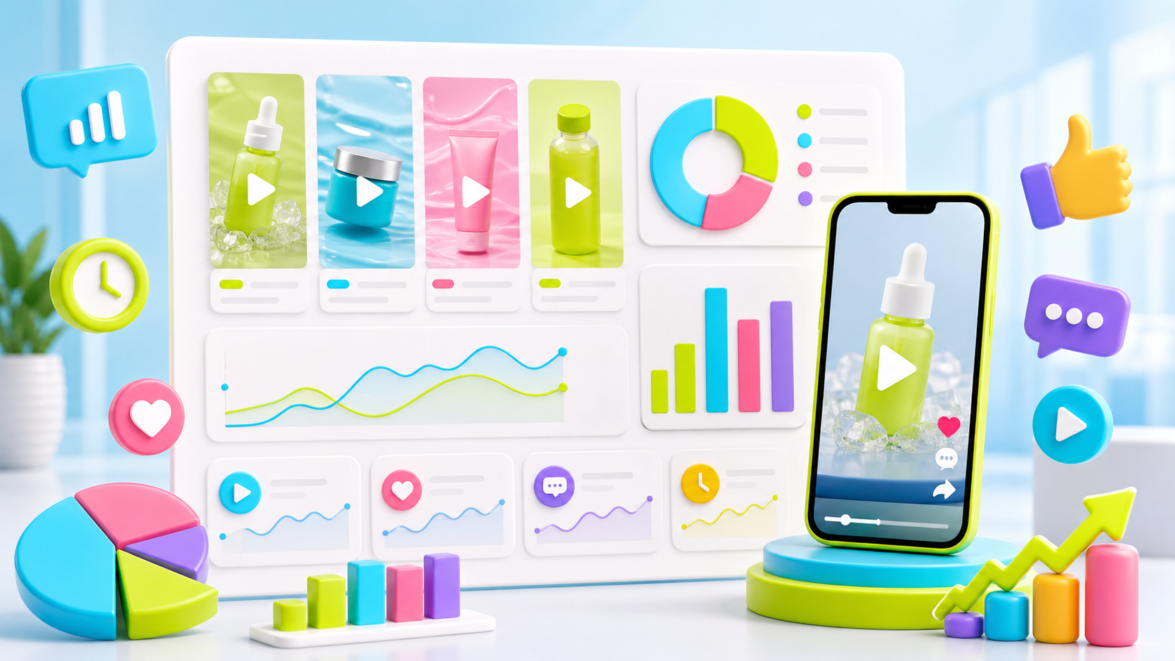 Bright AI video ad metrics cover with charts, social icons and phone previews