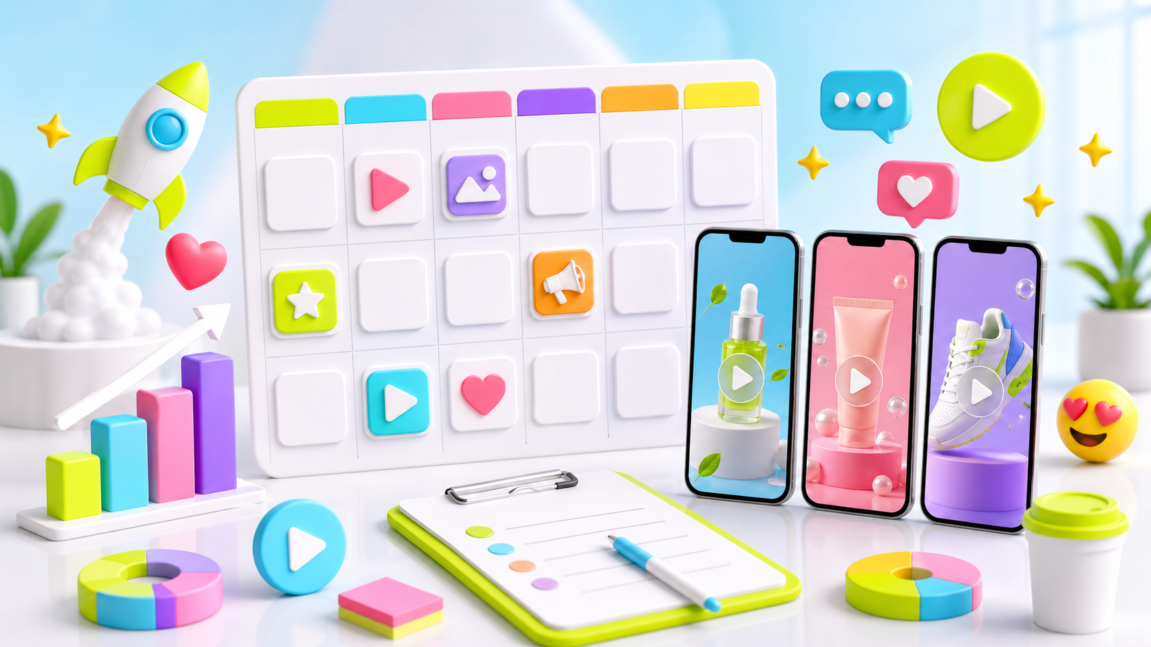 Bright AI video marketing strategy cover with content calendar tiles and phone previews
