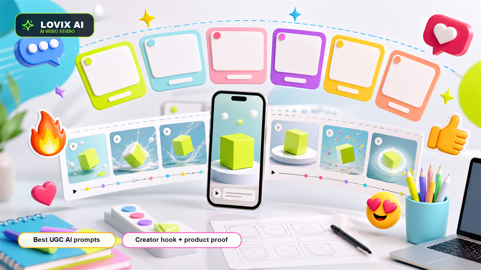 Best UGC AI video prompts cover with creator cards, product proof chips and LOVIX AI prompt interface styling