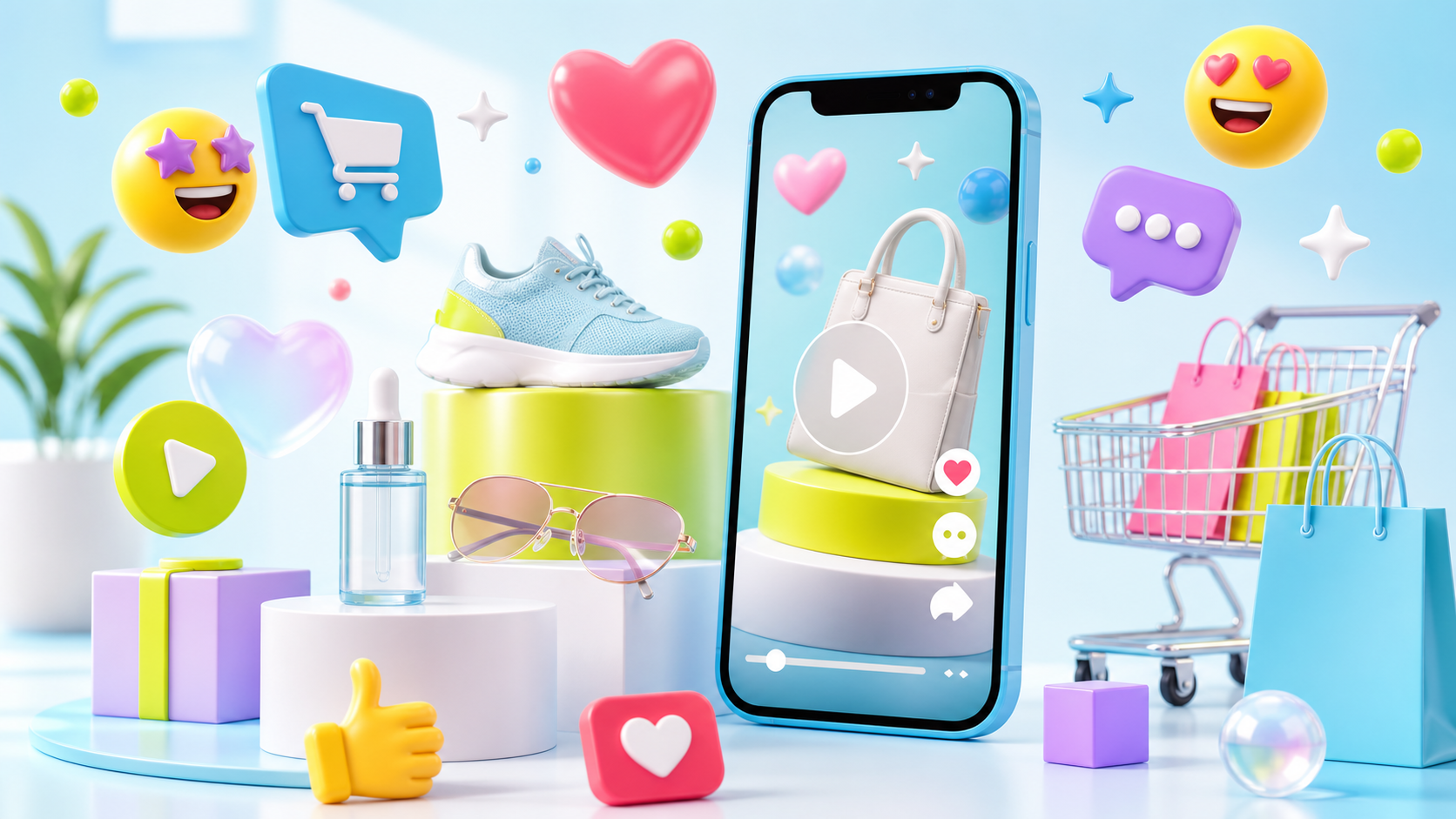 Bright ecommerce AI video ad cover with product boxes, phone preview and social icons