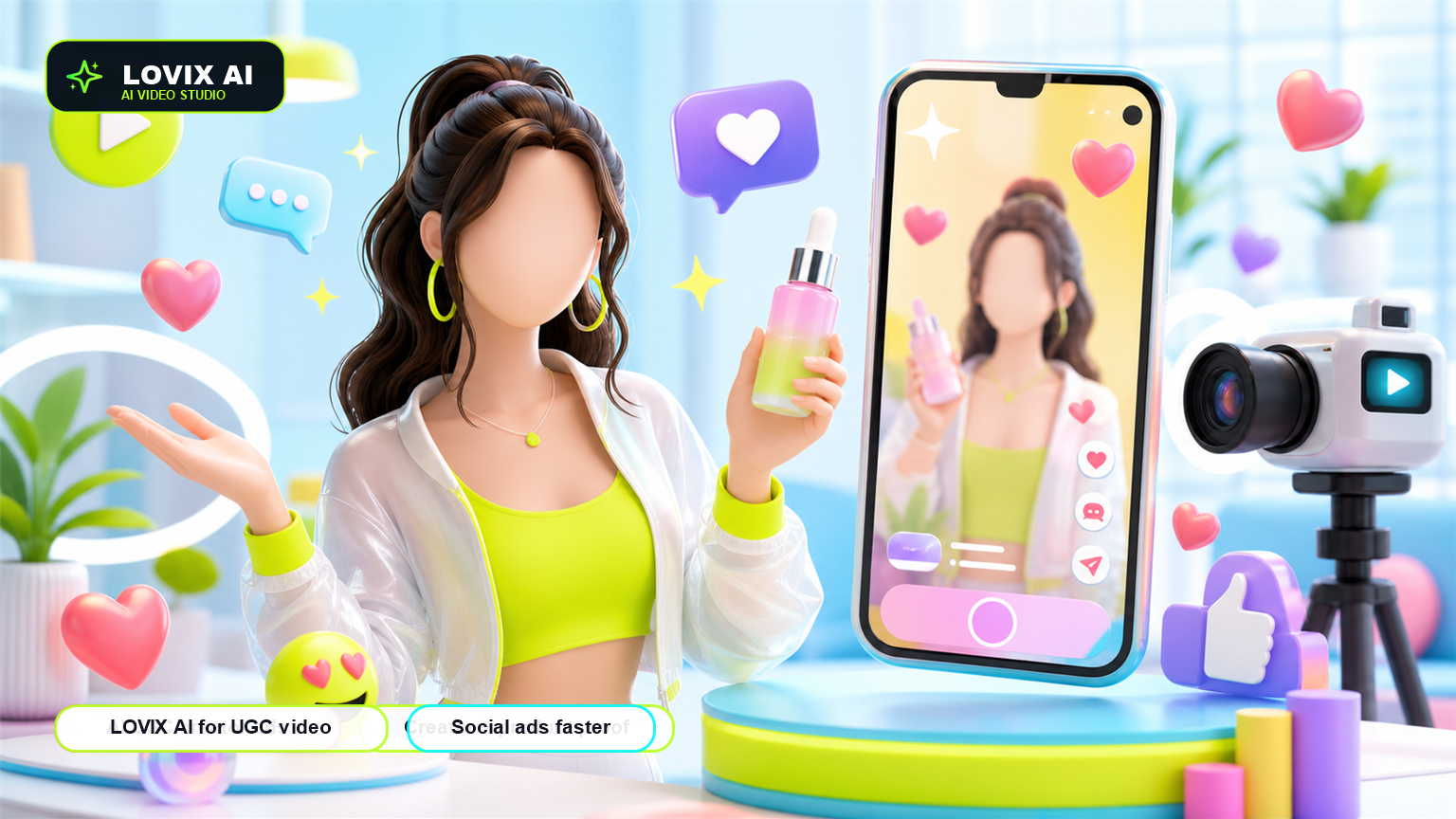 LOVIX AI for UGC video cover with creator-style AI video frames and bright social ad workflow elements