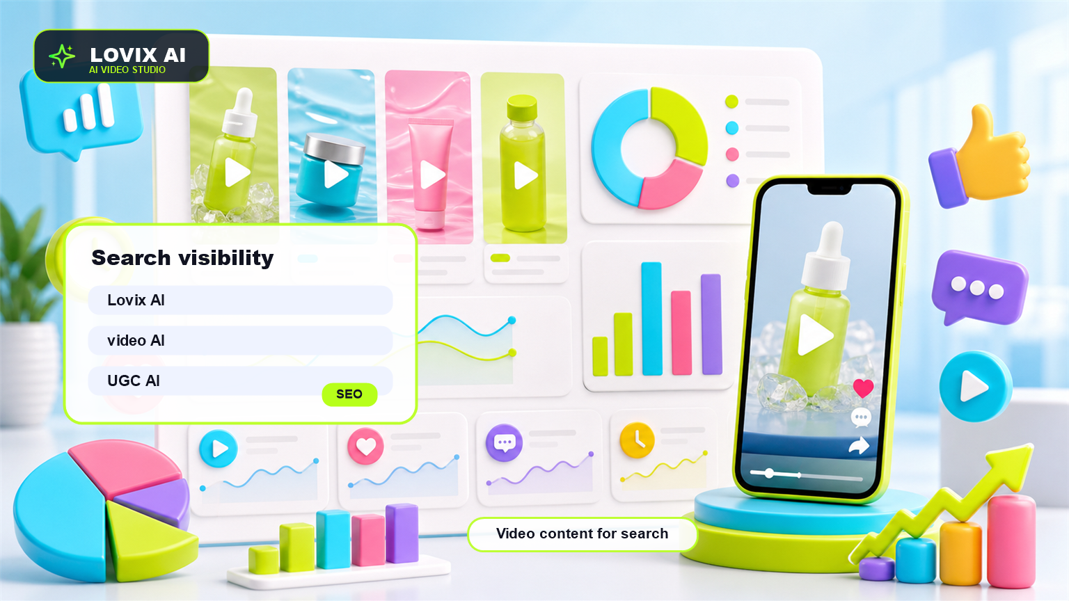 LOVIX AI SEO video content cover with bright cyan, lime and violet gradients