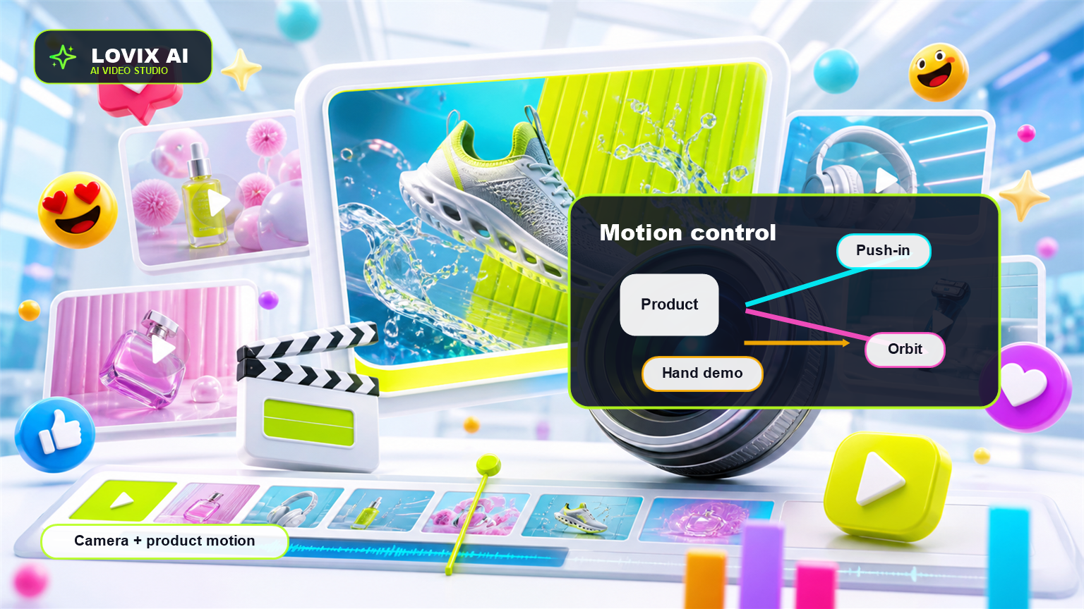 Motion control AI video cover with camera path lines, product motion arrows and LOVIX AI neon interface elements
