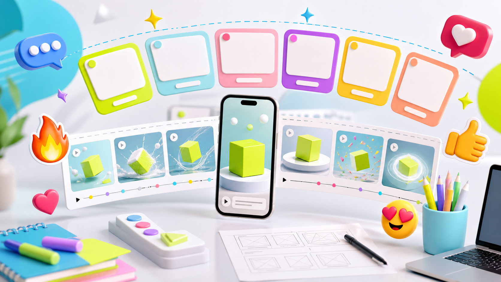 Futuristic prompt cards and storyboard frames for AI video generation