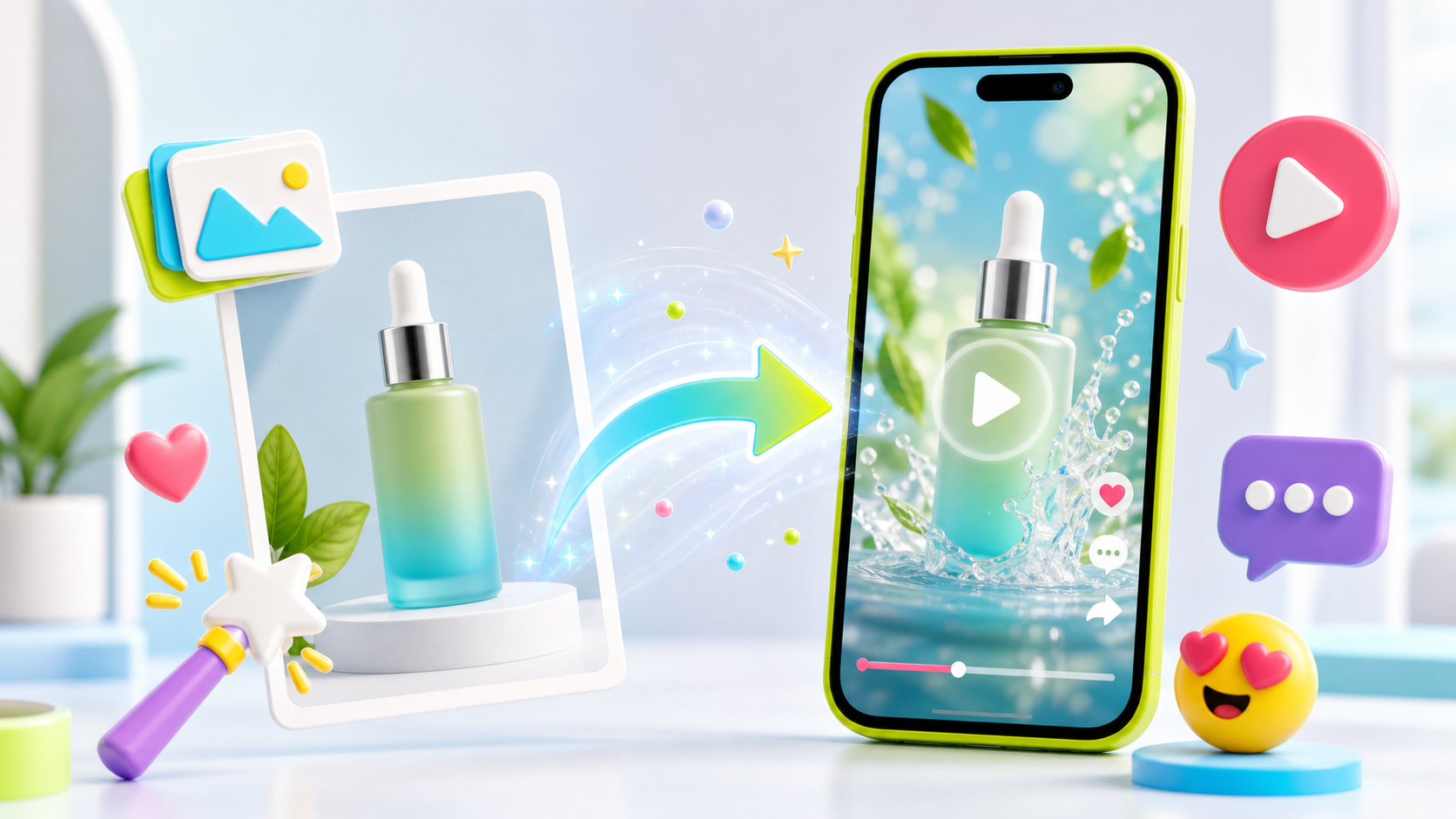 Bright product photo to AI video cover with a photo card transforming into a phone video