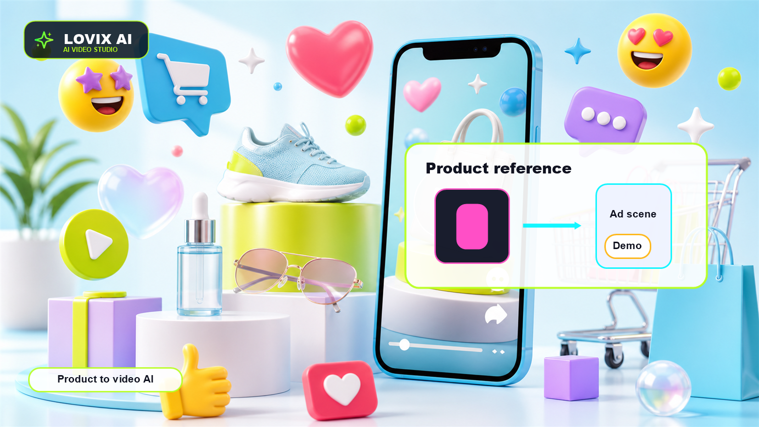 Product to video AI cover with a product reference becoming UGC AI and ecommerce video ad scenes