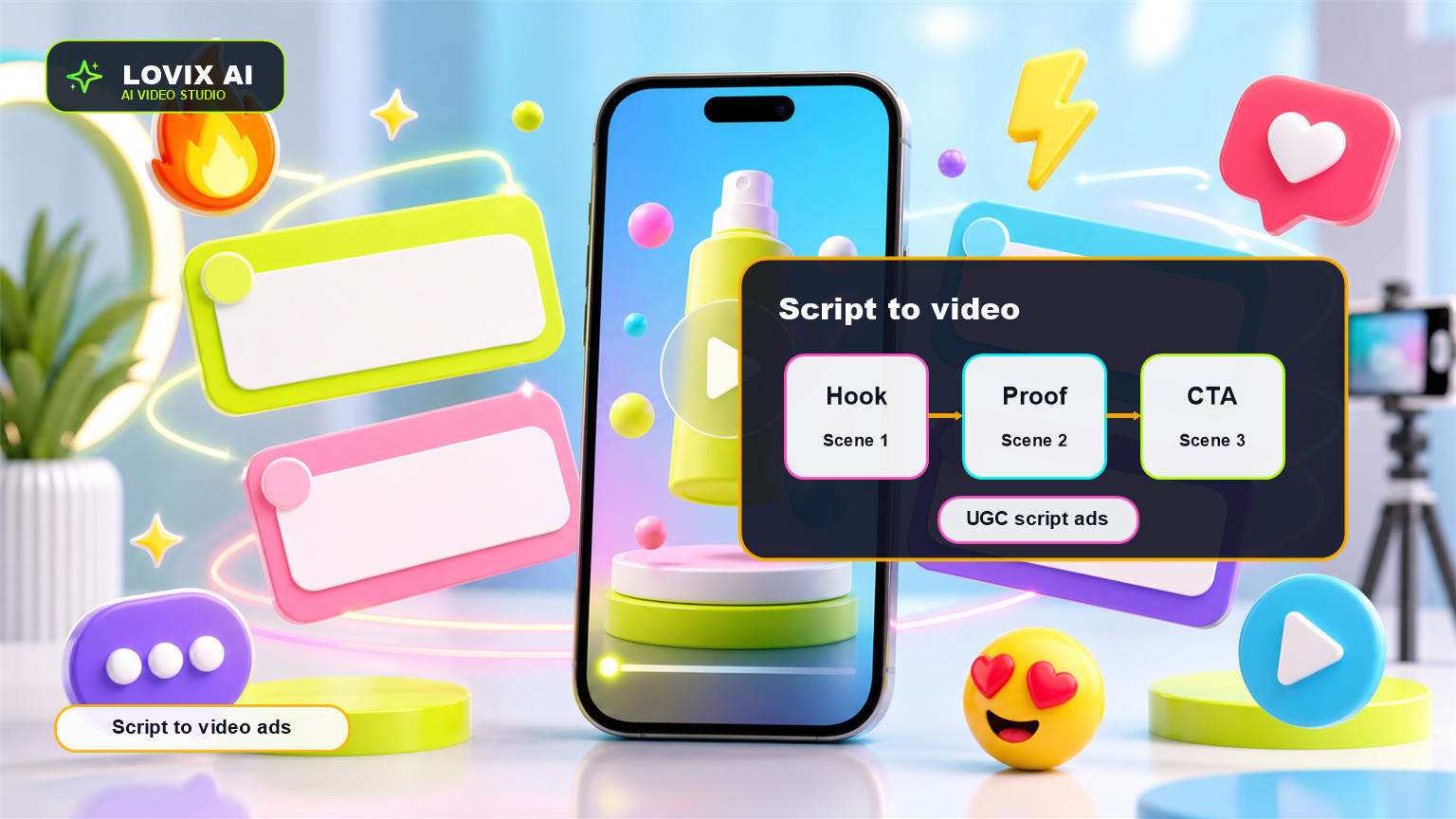 Script to video AI ads cover with script cards becoming LOVIX AI UGC and product video scenes
