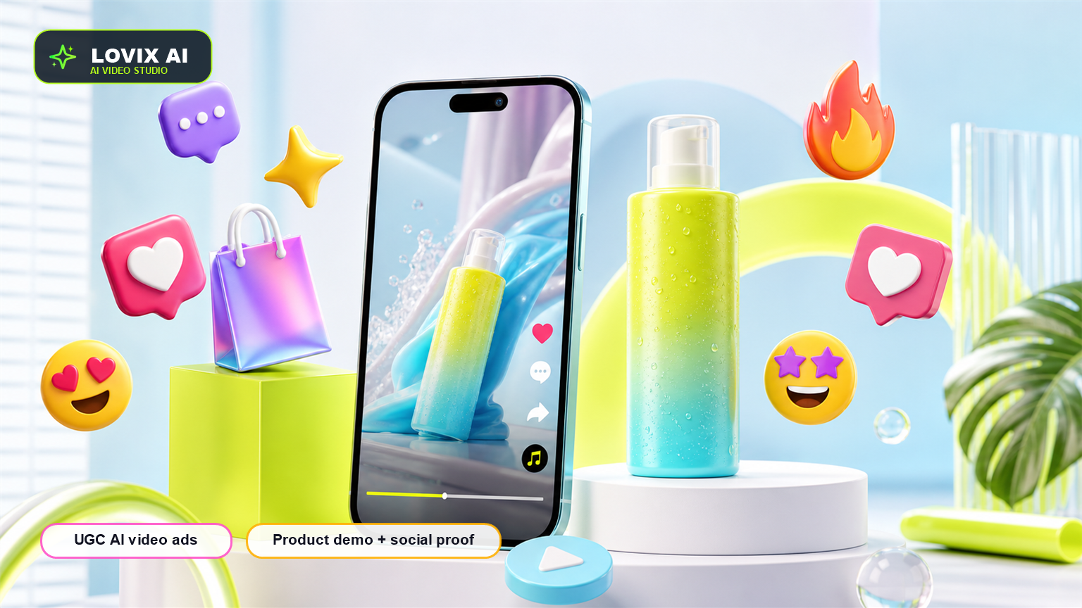 Colorful UGC AI product video ads cover with neon orange, purple and cyan light