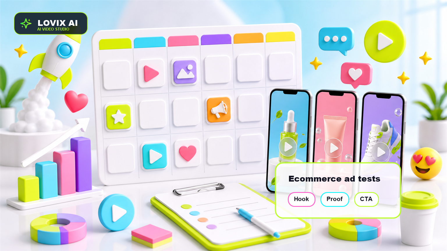 Video AI ads for ecommerce cover with campaign dashboard, ecommerce product frames and LOVIX AI neon overlays