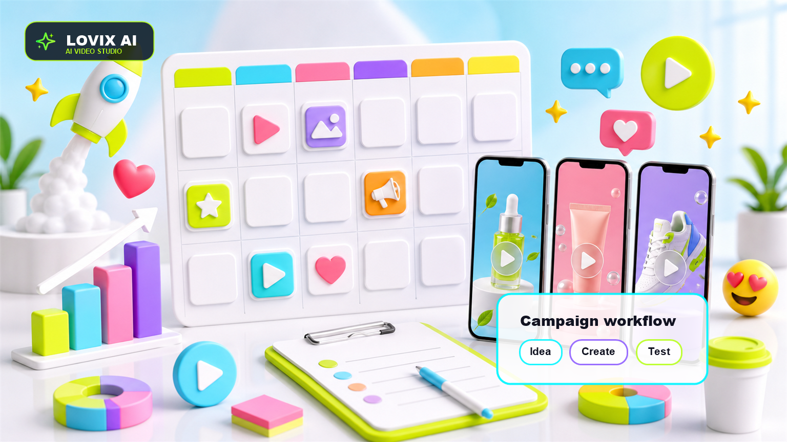 Bright video AI marketing workflow cover with colorful neon gradients